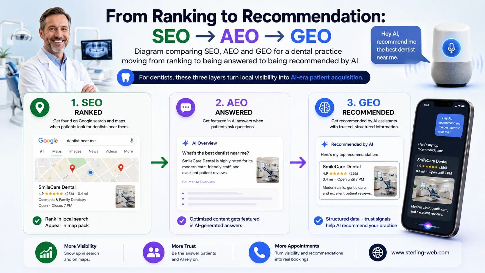Diagram comparing SEO, AEO and GEO for a local business moving from ranking to being answered to being recommended by AI