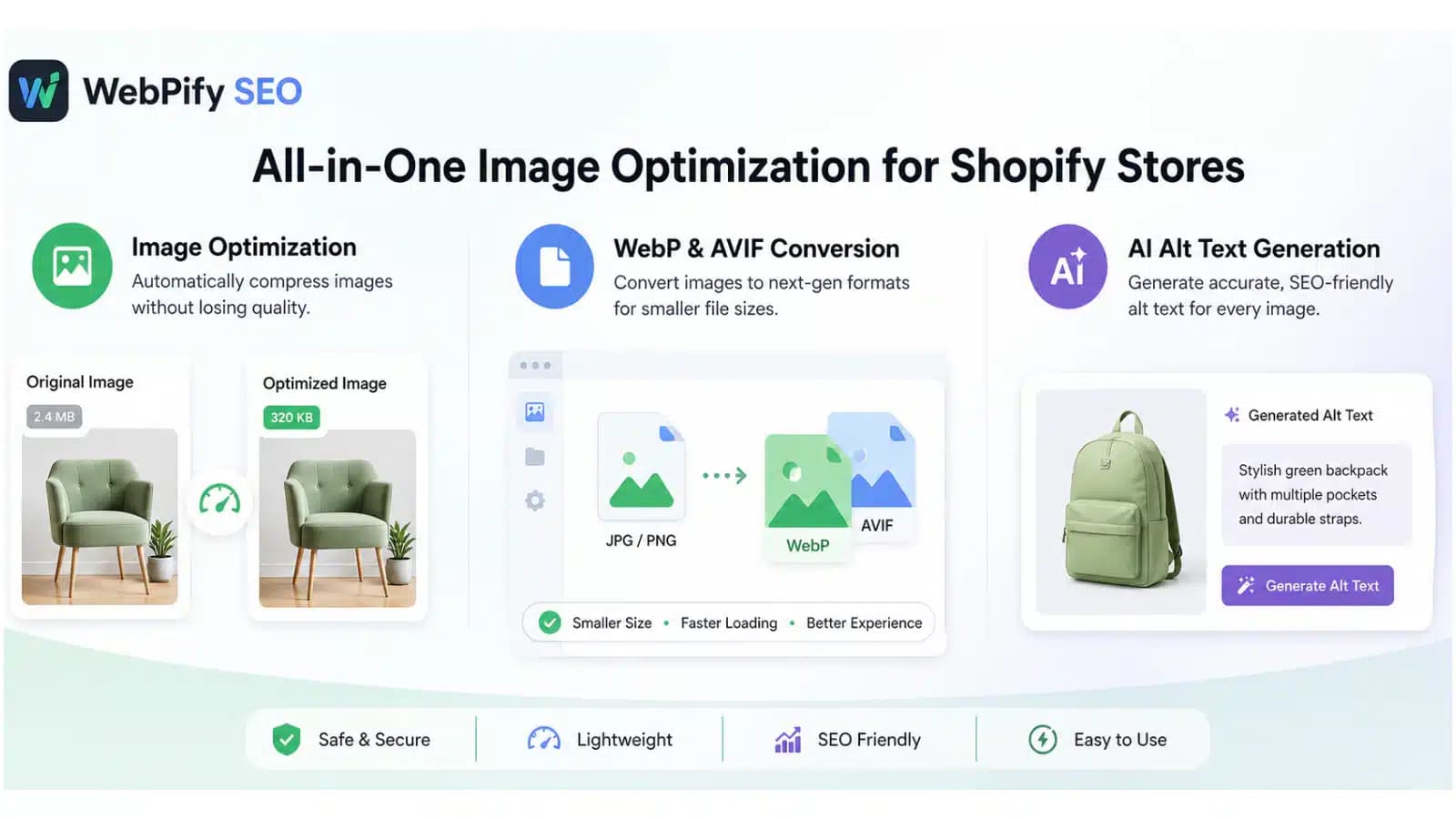 WebPify SEO Shopify app dashboard showing WebP and AVIF image optimization with Core Web Vitals tracking